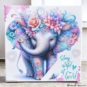 “Wild At Heart” Elephant Art – Boho Whimsical 16x16” Canvas Print Wall Decor